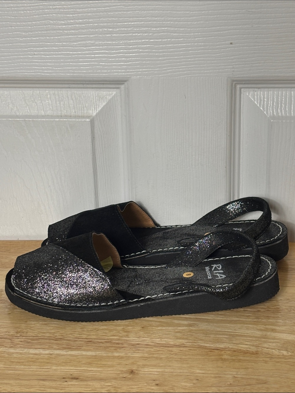 RIA Menorca Lightweight Black Glitter Slingback Flat Peep Toe Sandals Size 8